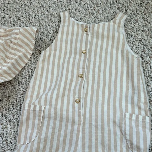 H&M tan and white striped overall romper with sun hat 9-12 months - Picture 2 of 6